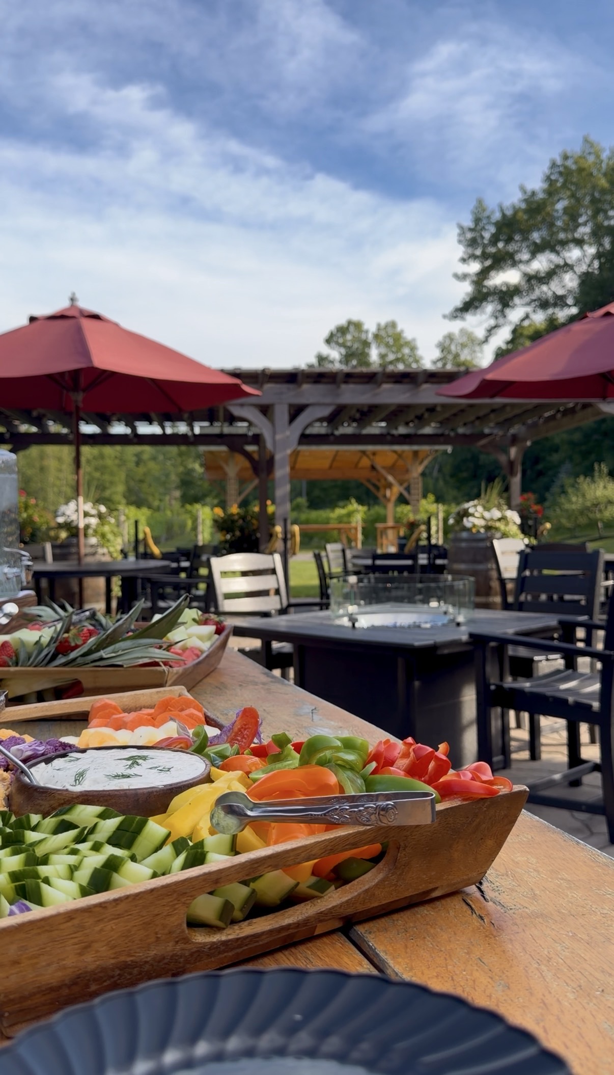 A platter of veggies outside on the patio.