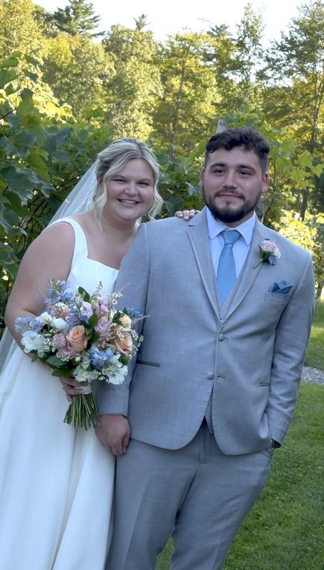 "Amy and Jon at their dusty blue vineyard wedding at Zorvino Vineyards — Sandown NH August 2026"
